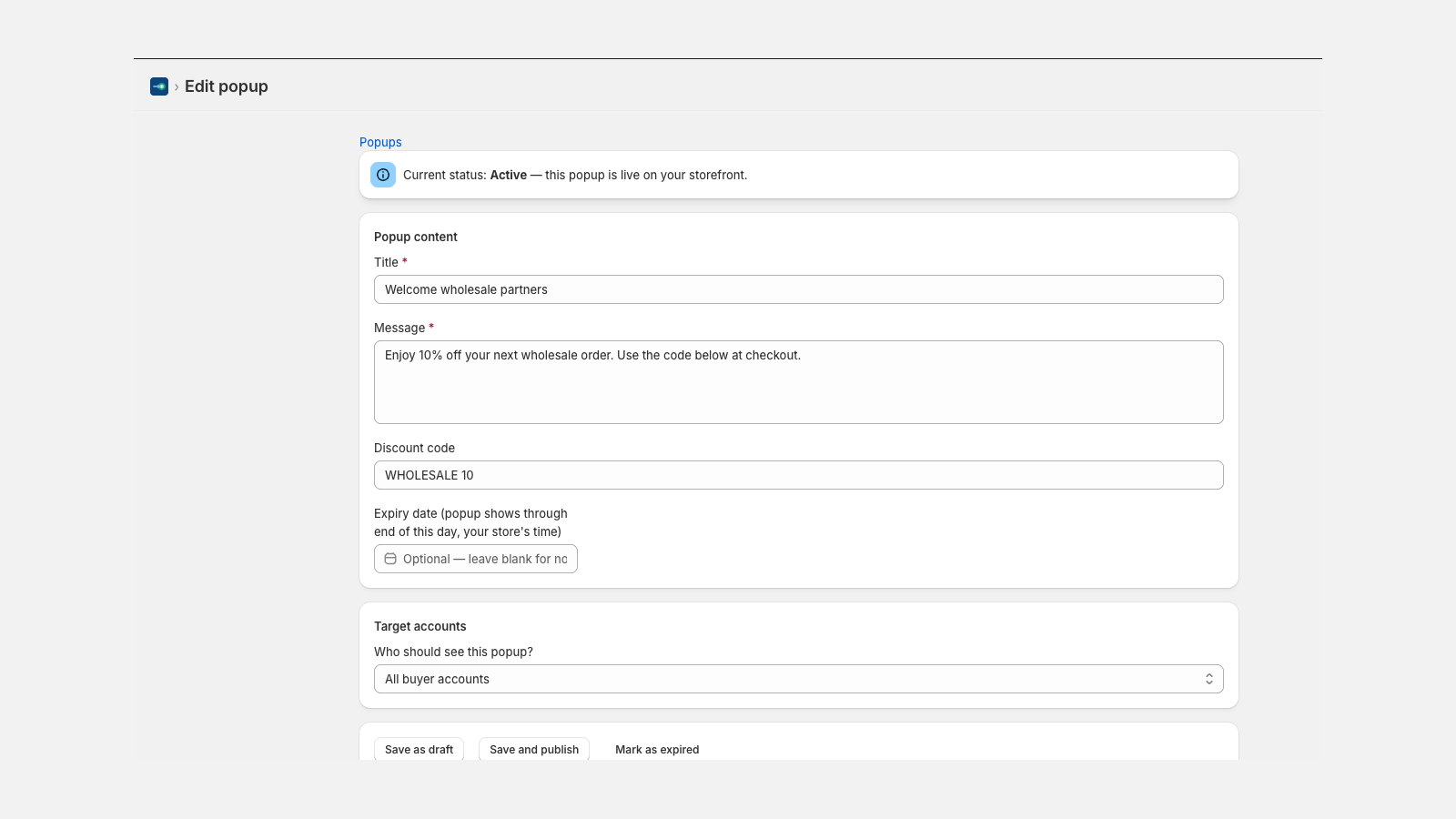 B2B2GO popup builder in Shopify admin