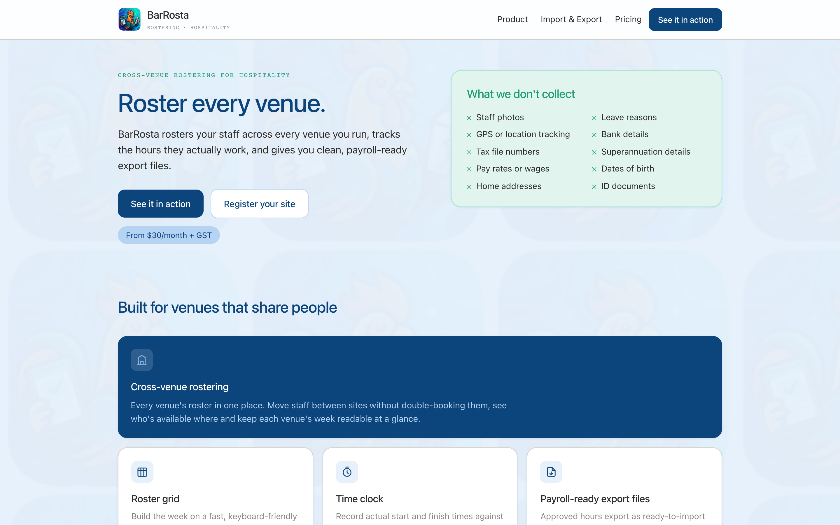 BarRosta website — roster every venue